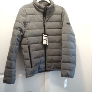 NWT DKNY Men's Light-Weight Quilted Stand Collar Puffer Jacket, Heather Grey